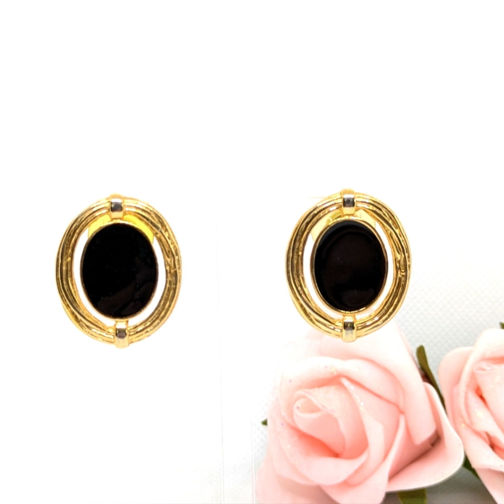 Vintage Earrings Large Gold Tone Black Enamel Stud 1 1/4" Evening Office Wear